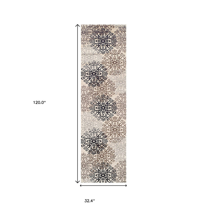 10' Beige Black and Gray Floral Medallion Power Loom Runner Rug