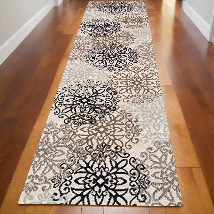 10' Beige Black and Gray Floral Medallion Power Loom Runner Rug