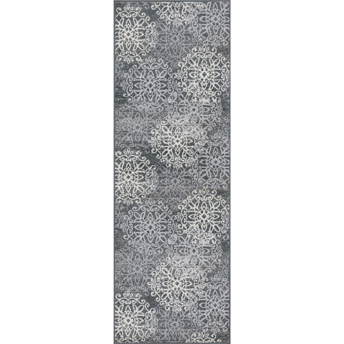 8' Slate And Gray Medallion Power Loom Stain Resistant Runner Rug