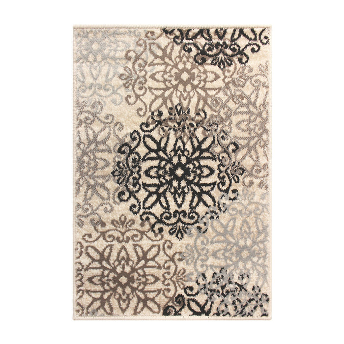 2' X 3' Tan Gray And Black Floral Medallion Stain Resistant Area Rug