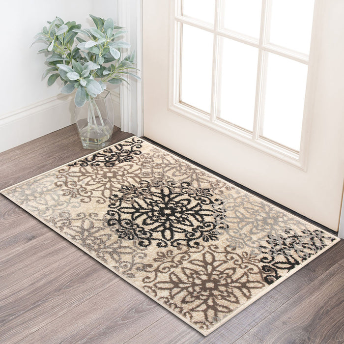 2' X 3' Tan Gray And Black Floral Medallion Stain Resistant Area Rug