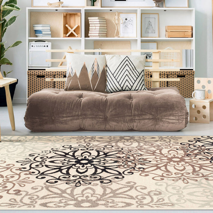 3' X 5' Beige And Gray Medallion Power Loom Stain Resistant Area Rug