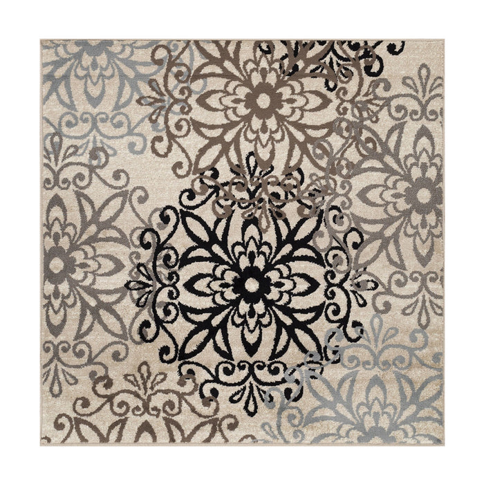 5' Square Tan Gray And Black Square Floral Medallion Stain Resistant Area Rug