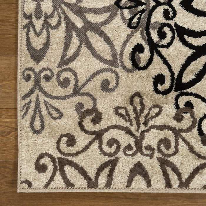 5' Square Tan Gray And Black Square Floral Medallion Stain Resistant Area Rug