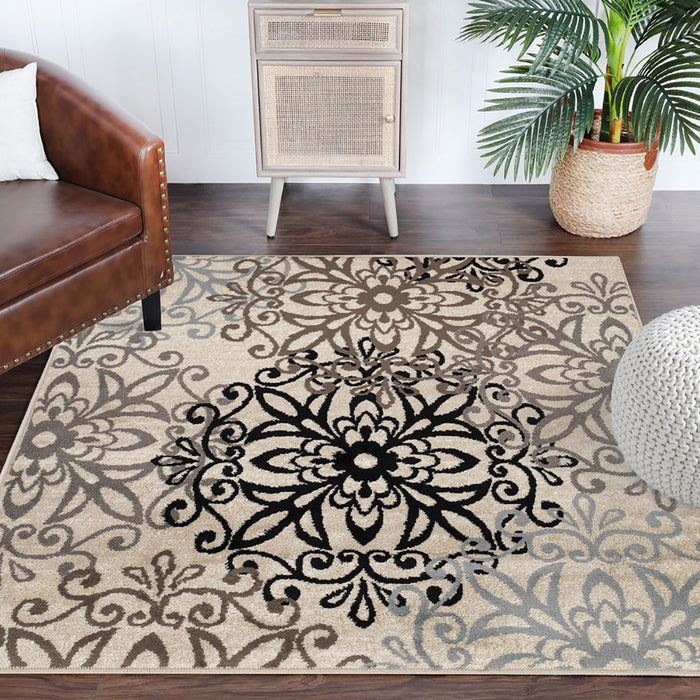 8' Square Tan Gray And Black Square Floral Medallion Stain Resistant Area Rug