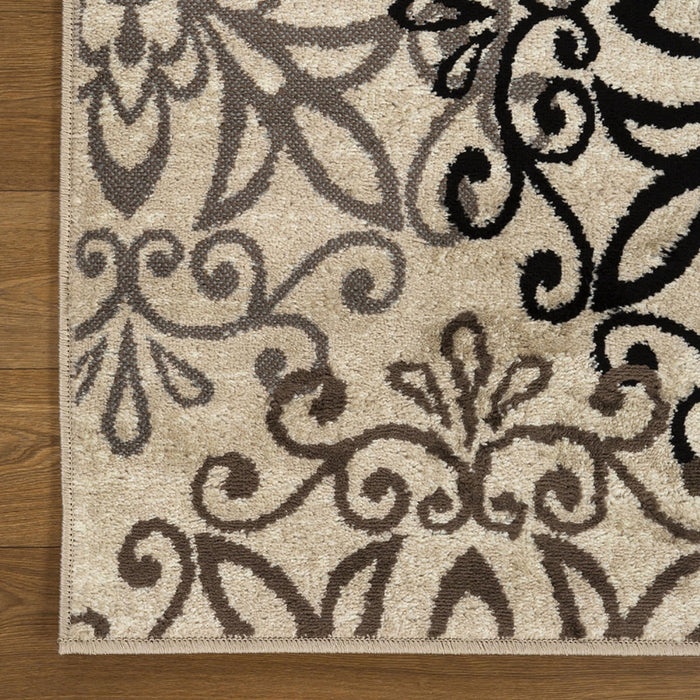 8' Square Tan Gray And Black Square Floral Medallion Stain Resistant Area Rug