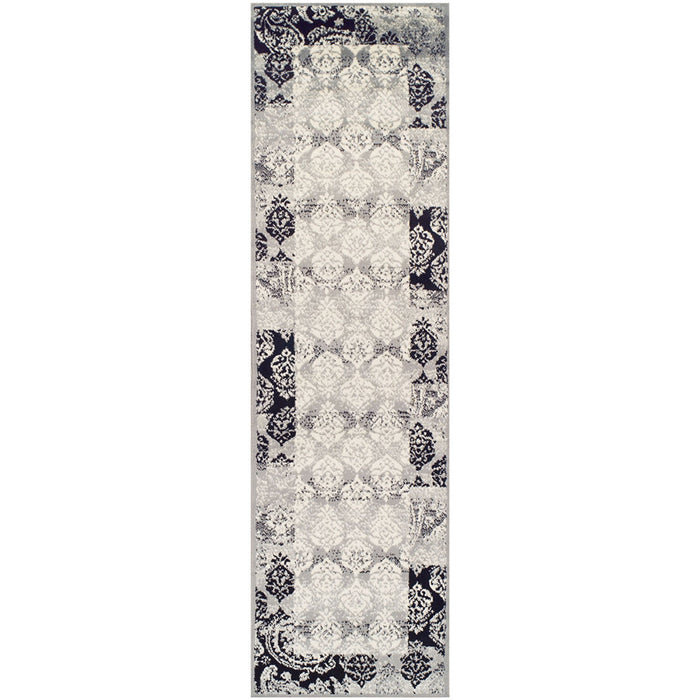 8' Black And Gray Damask Power Loom Distressed Stain Resistant Runner Rug