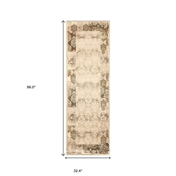 8' Beige Damask Power Loom Distressed Stain Resistant Runner Rug