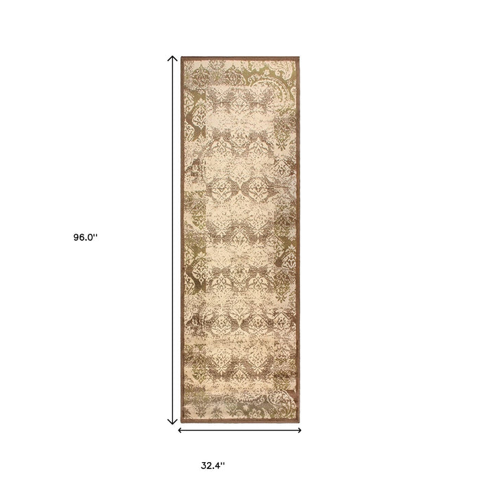 8' Brown Damask Power Loom Distressed Stain Resistant Runner Rug