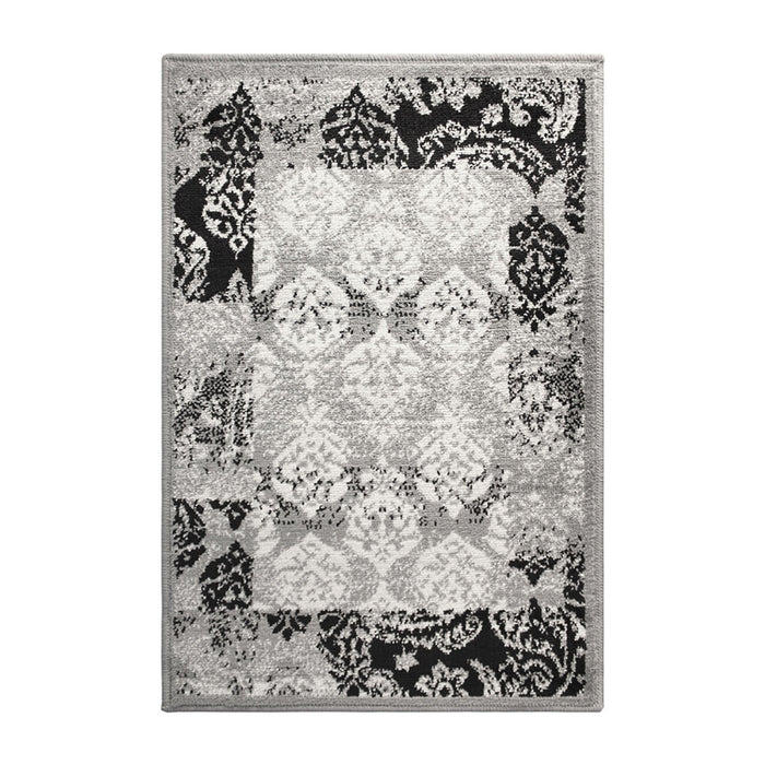 2' X 3' Black And Gray Damask Power Loom Distressed Stain Resistant Area Rug