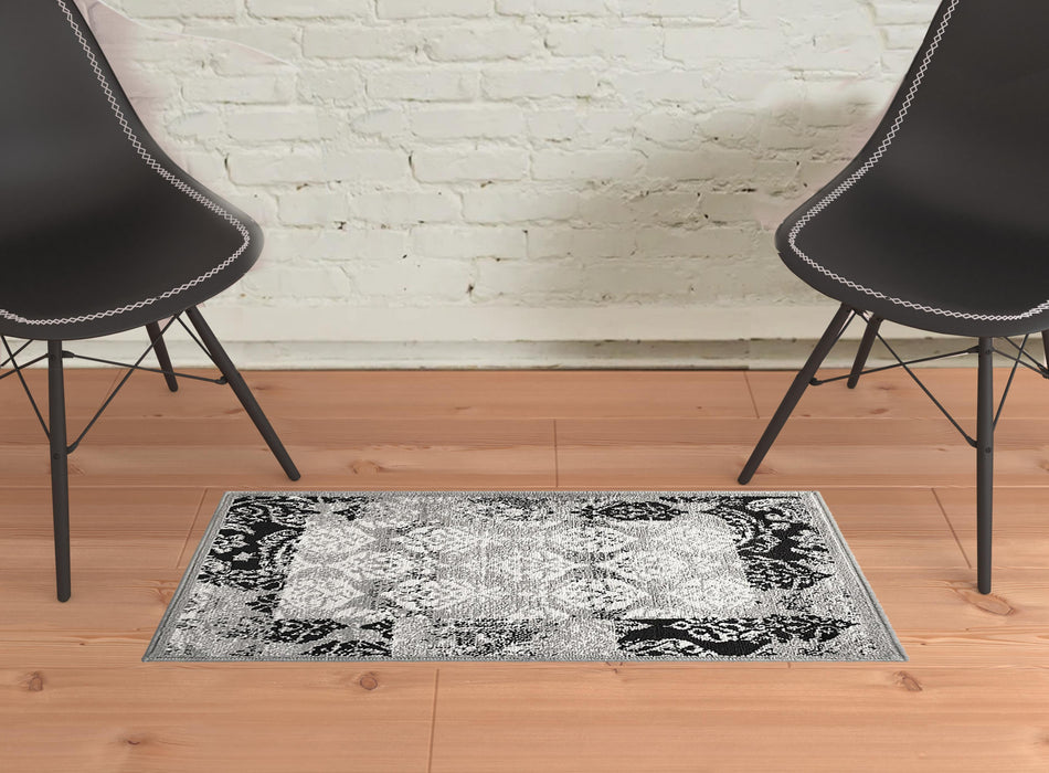 2' X 3' Black And Gray Damask Power Loom Distressed Stain Resistant Area Rug