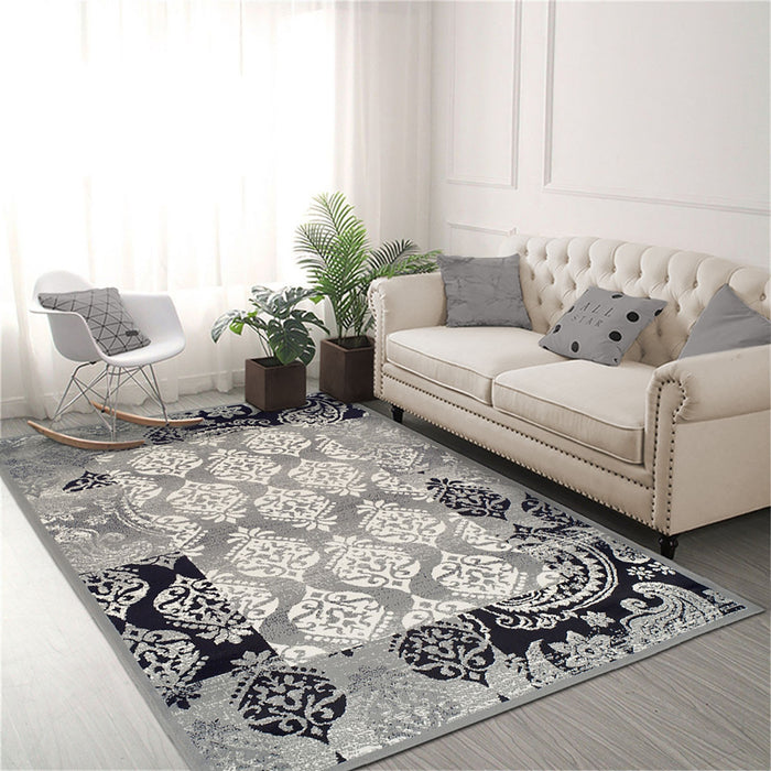 5' X 8' Black And Gray Damask Power Loom Distressed Stain Resistant Area Rug