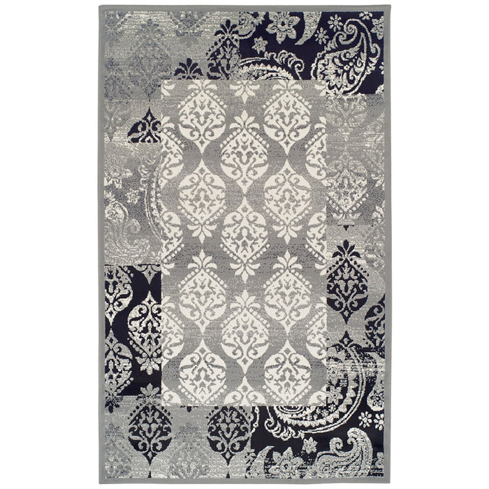 8' X 10' Black And Gray Damask Power Loom Distressed Stain Resistant Area Rug