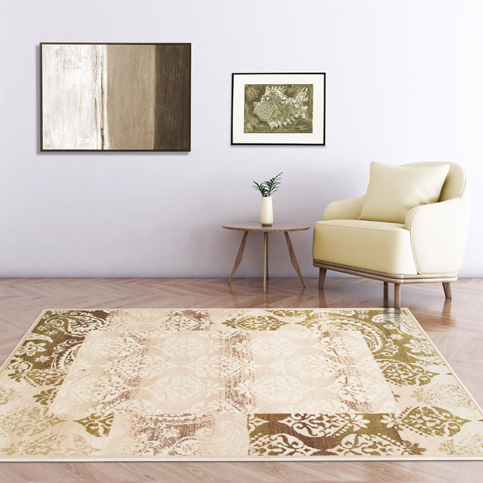 8' X 10' Beige Damask Power Loom Distressed Stain Resistant Area Rug