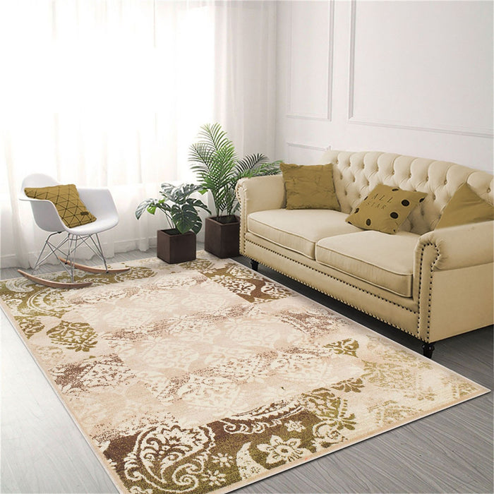 8' X 10' Beige Damask Power Loom Distressed Stain Resistant Area Rug