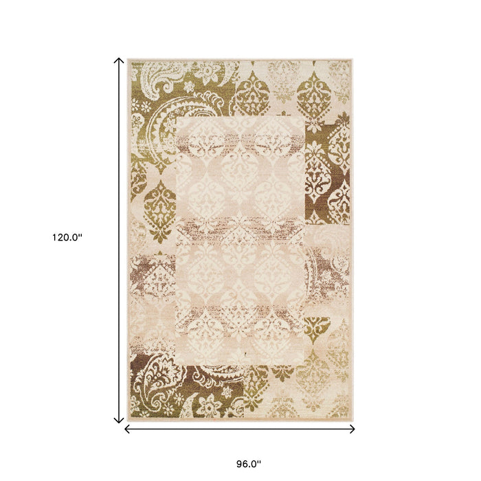 8' X 10' Beige Damask Power Loom Distressed Stain Resistant Area Rug