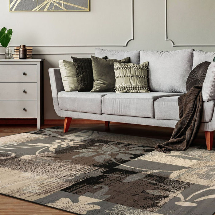 4' X 6' Beige And Gray Floral Power Loom Distressed Stain Resistant Area Rug