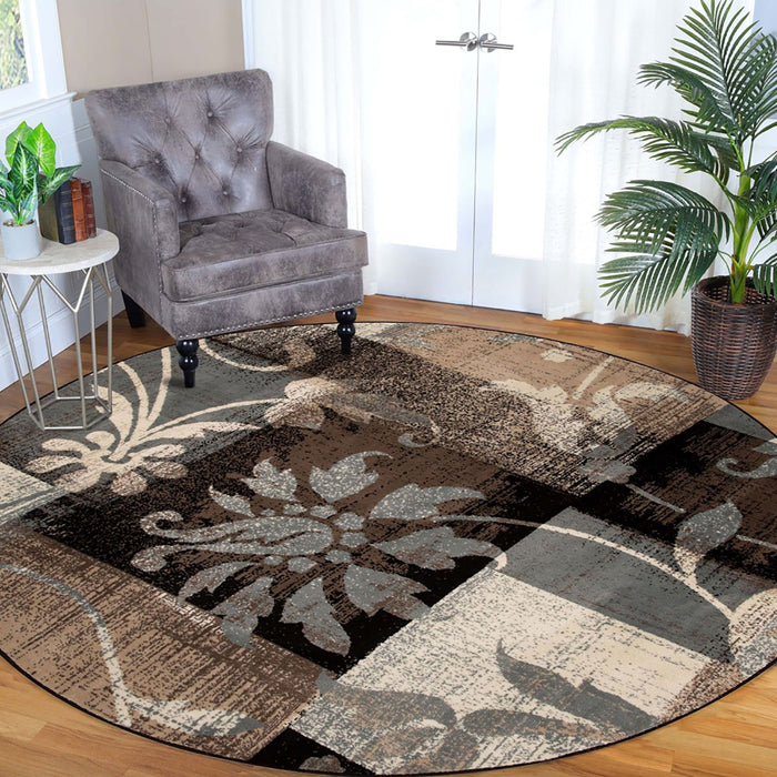 5' Beige And Black Round Floral Power Loom Distressed Area Rug