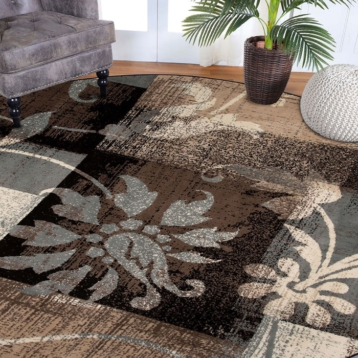 5' Beige And Black Round Floral Power Loom Distressed Area Rug