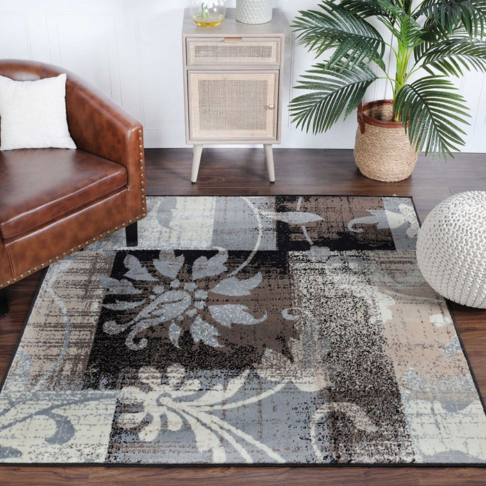 5' Square Beige And Gray Square Floral Power Loom Distressed Stain Resistant Area Rug