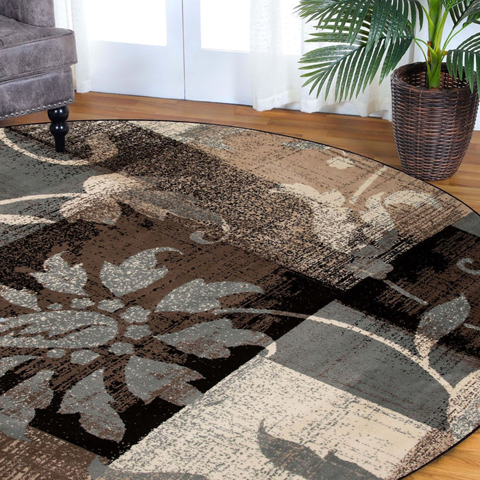 8' Beige Brown and Gray Floral Distressed Round Rug