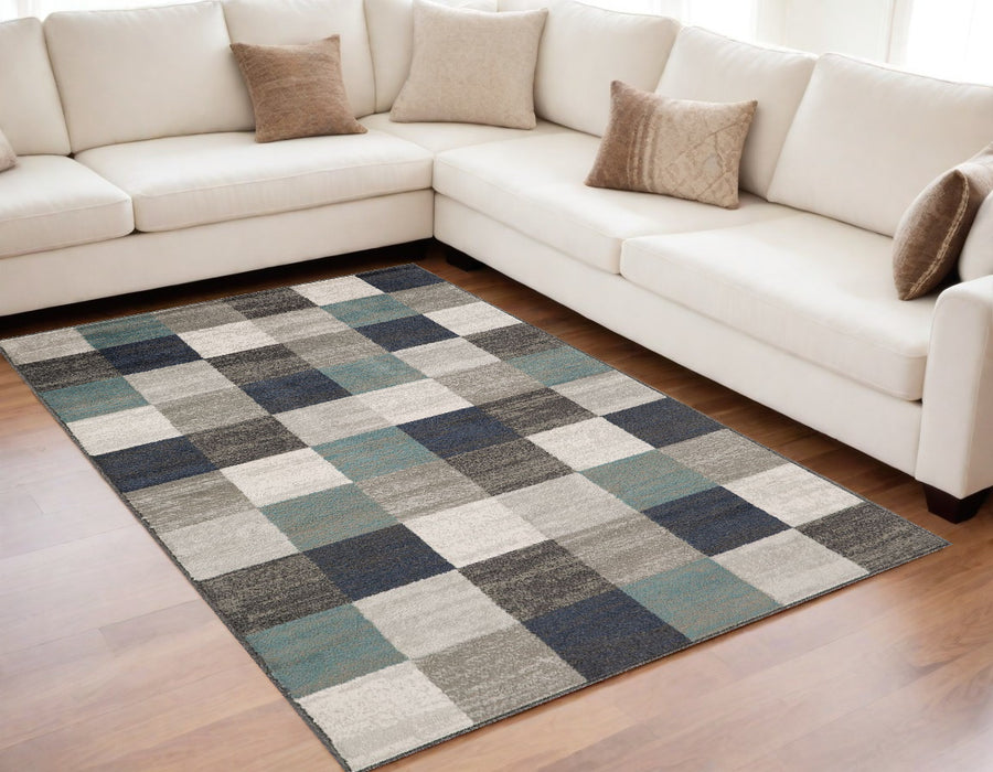 5' X 8' Teal And Gray Geometric Power Loom Stain Resistant Area Rug