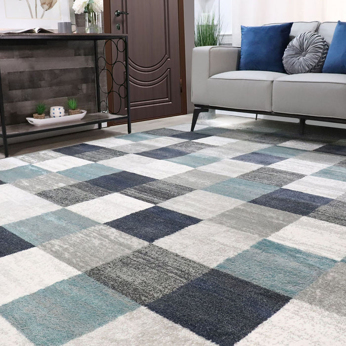 5' X 8' Teal And Gray Geometric Power Loom Stain Resistant Area Rug