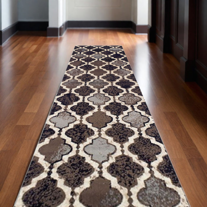 10' Chocolate Quatrefoil Power Loom Distressed Stain Resistant Runner Rug