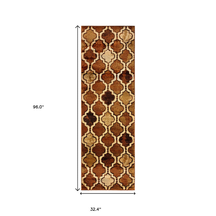 8' Brown Quatrefoil Power Loom Distressed Stain Resistant Runner Rug