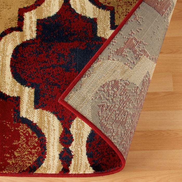 8' Red Blue Quatrefoil Power Loom Distressed Stain Resistant Runner Rug