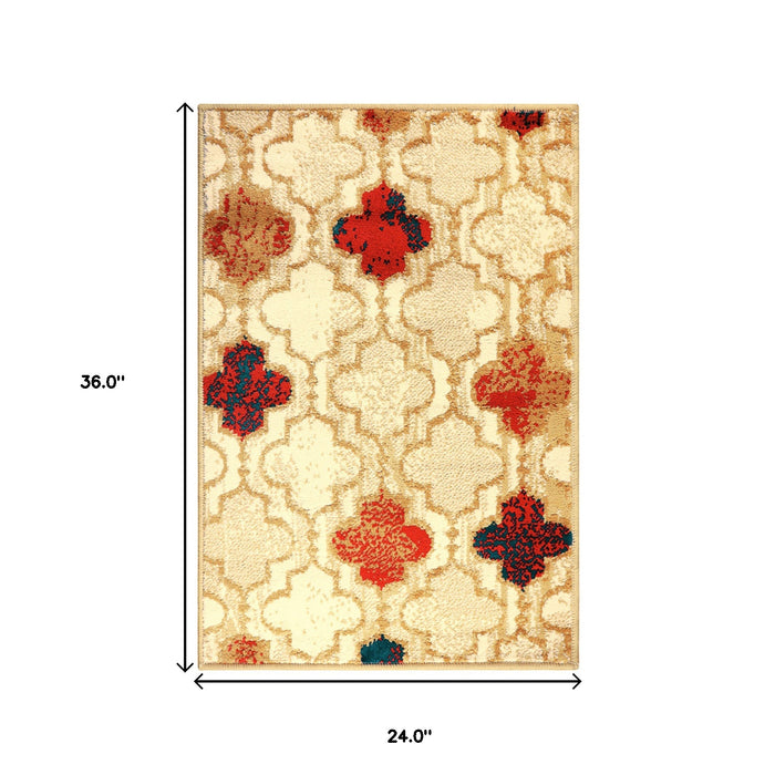 2' X 3' Beige Quatrefoil Power Loom Distressed Stain Resistant Area Rug