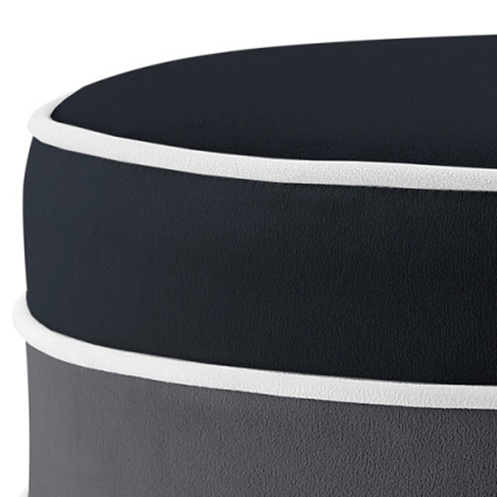 18" Black Velvet And Silver Round Striped Ottoman