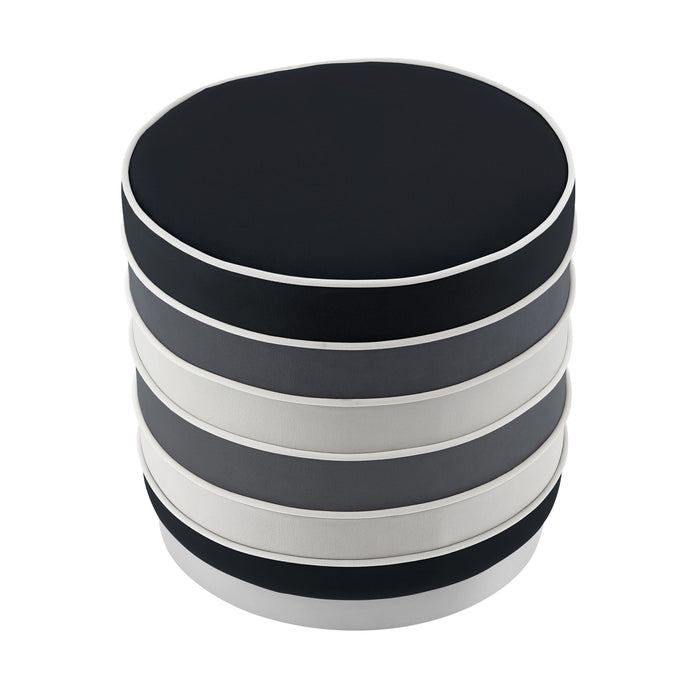 18" Black Velvet And Silver Round Striped Ottoman