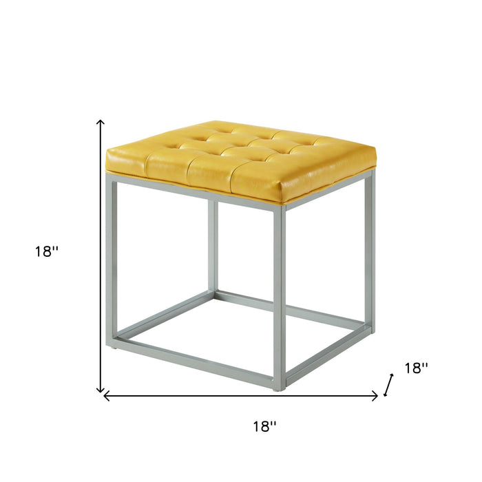 18" Yellow Faux Leather And Gray Cube Ottoman