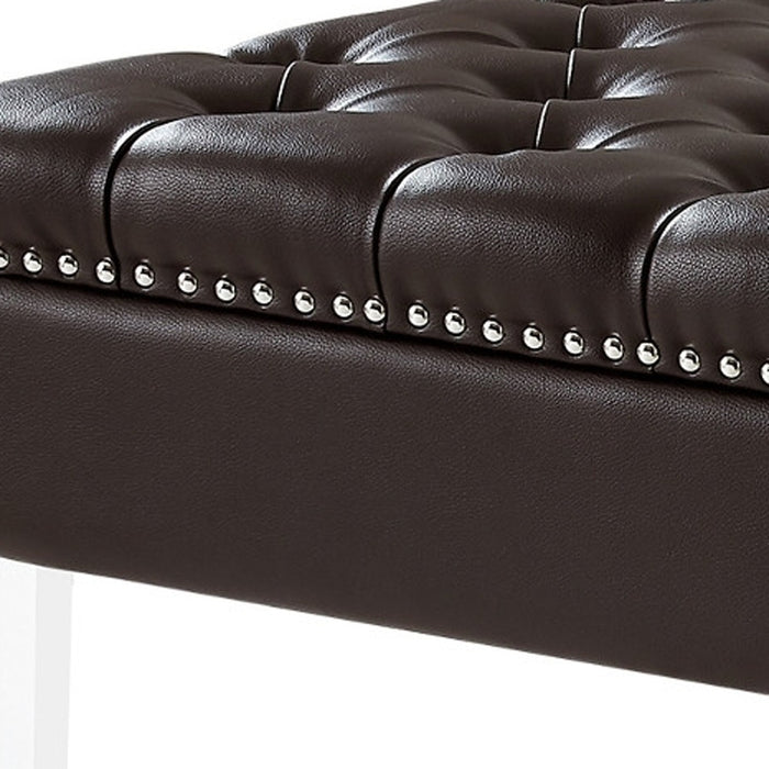 35" Silver Faux Leather And Clear Tufted Cocktail Ottoman