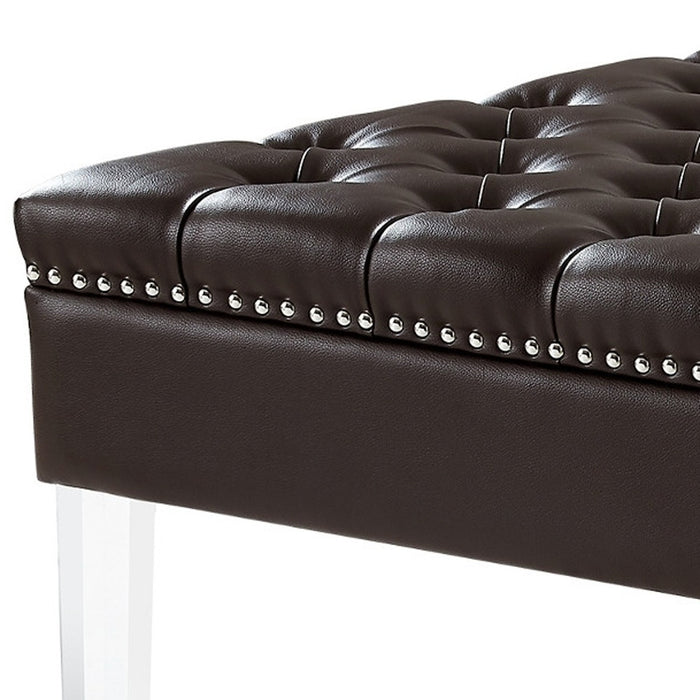 35" Silver Faux Leather And Clear Tufted Cocktail Ottoman