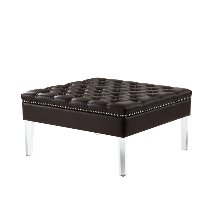 35" Silver Faux Leather And Clear Tufted Cocktail Ottoman