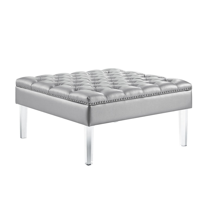 35" Silver Faux Leather And Clear Tufted Cocktail Ottoman