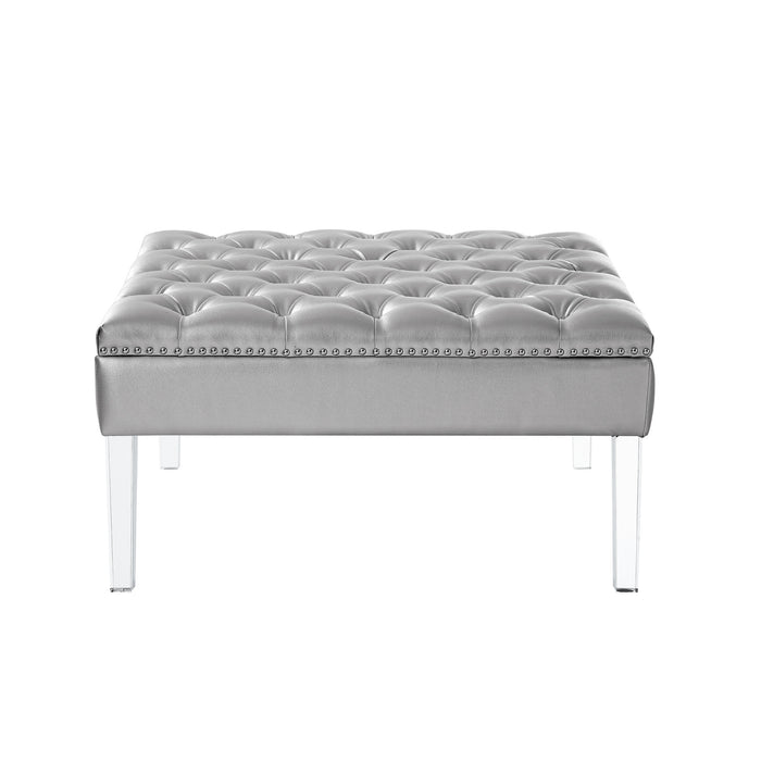 35" Silver Faux Leather And Clear Tufted Cocktail Ottoman