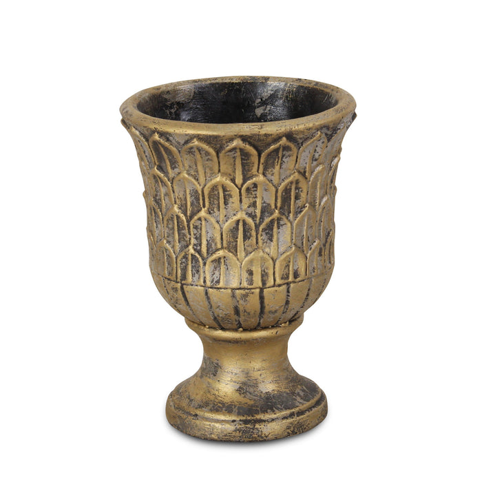 7" Antiqued Brass Textural Tone On Tone Cement Indoor Outdoor Round Urn Planter