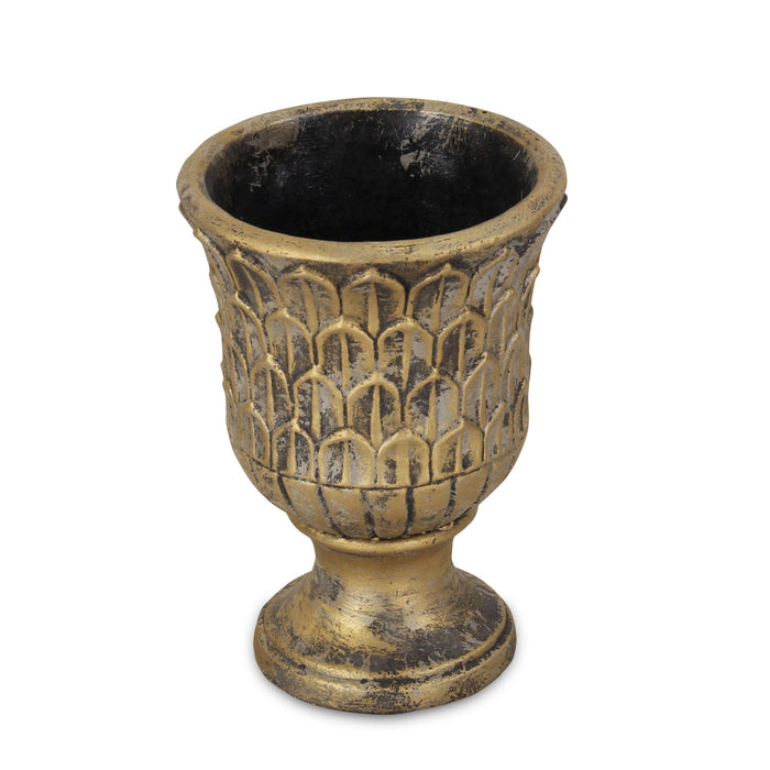 7" Antiqued Brass Textural Tone On Tone Cement Indoor Outdoor Round Urn Planter