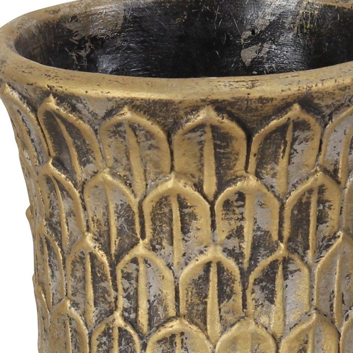 7" Antiqued Brass Textural Tone On Tone Cement Indoor Outdoor Round Urn Planter