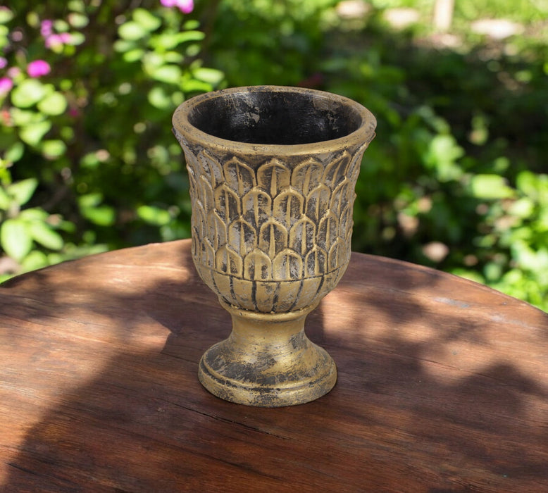 7" Antiqued Brass Textural Tone On Tone Cement Indoor Outdoor Round Urn Planter