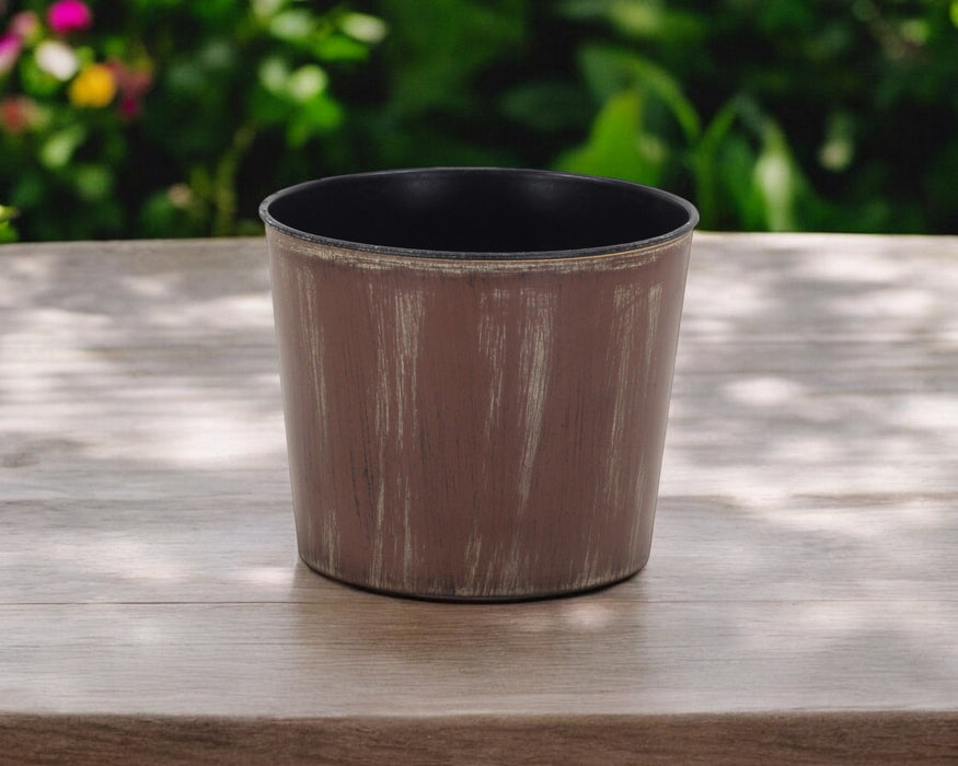 7" Brown and Ivory Textural Tone On Tone Recycled Plastic Indoor Outdoor Round Pot Planter