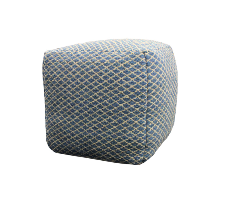 18" Blue and Beige Wool Cube Trellis Pouf Ottoman