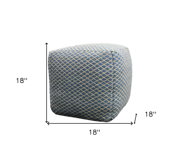 18" Blue and Beige Wool Cube Trellis Pouf Ottoman