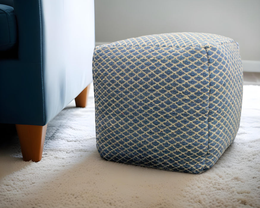 18" Blue and Beige Wool Cube Trellis Pouf Ottoman