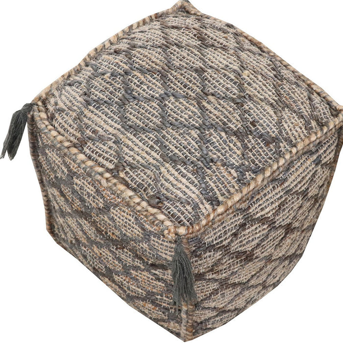 18" Natural Gray And Taupe Jute Cube Trellis Pouf Ottoman