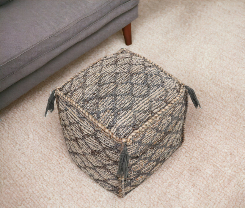 18" Natural Gray And Taupe Jute Cube Trellis Pouf Ottoman