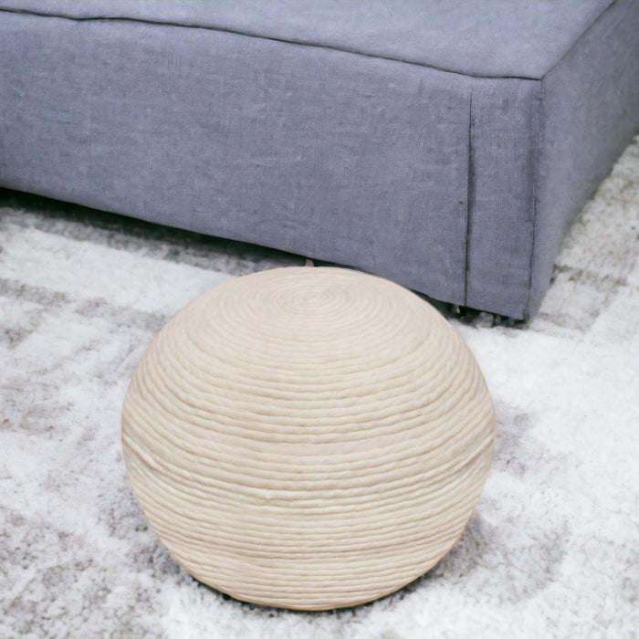 20" Ivory Wool Round Ribbed Pouf Ottoman